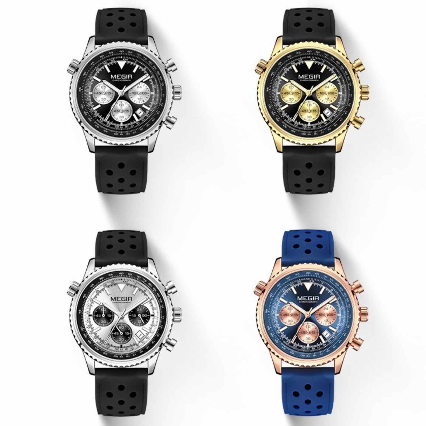Chronograph Sport Watch - MEGIR Серебристо-черные кварцевые часы для мужчин,